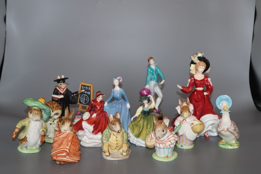 A collection of Royal Doulton figurines and Beswick Beatrix Potter characters, etc.